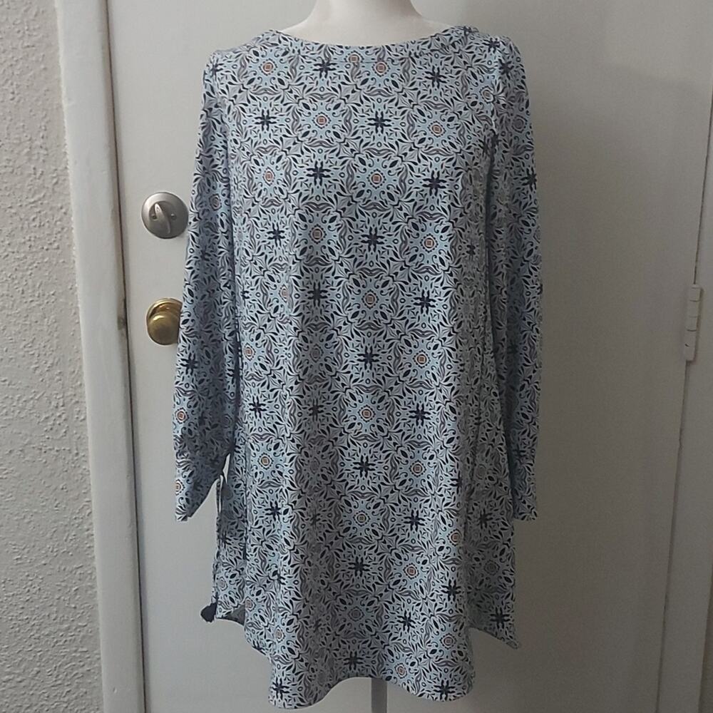 LOFT Ann Taylor Blue/Orange Long Sleeve Crewneck Shift Dress XS Boho Classic